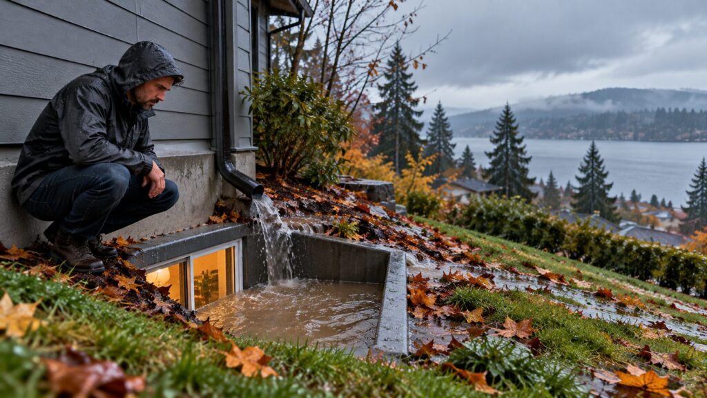 Homeowner checking a flooded basement window well during a winter storm, a reminder to buy flood insurance before winter
